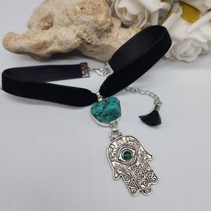 Bohemian Choker Hamsa/Hand Silver Blue Turquoise Genuine Nugget